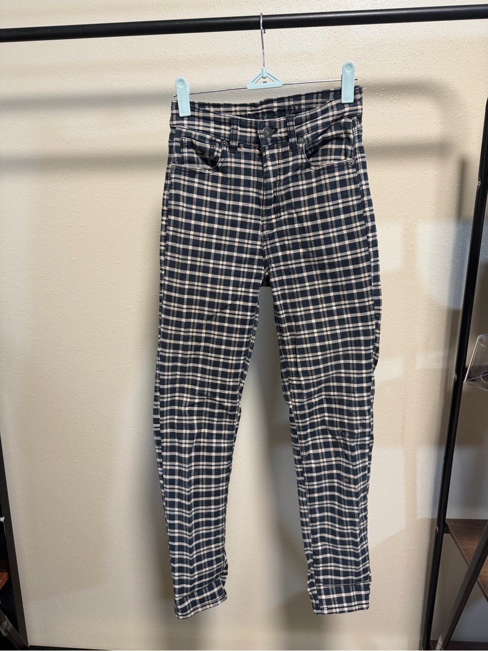 American Eagle Navy Plaid High Rise Mom Jeans Size 00